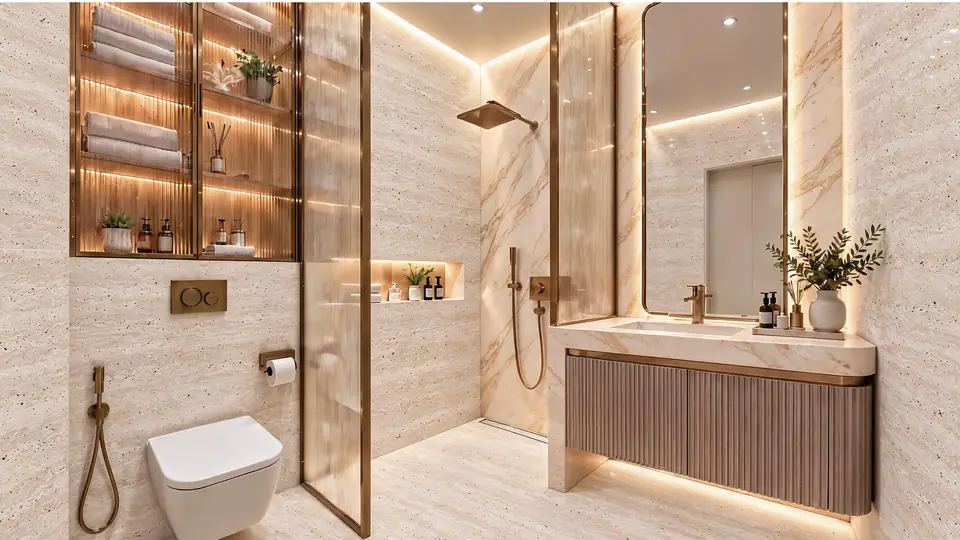 Bathroom in travertine and marble with brushed bronze fittings