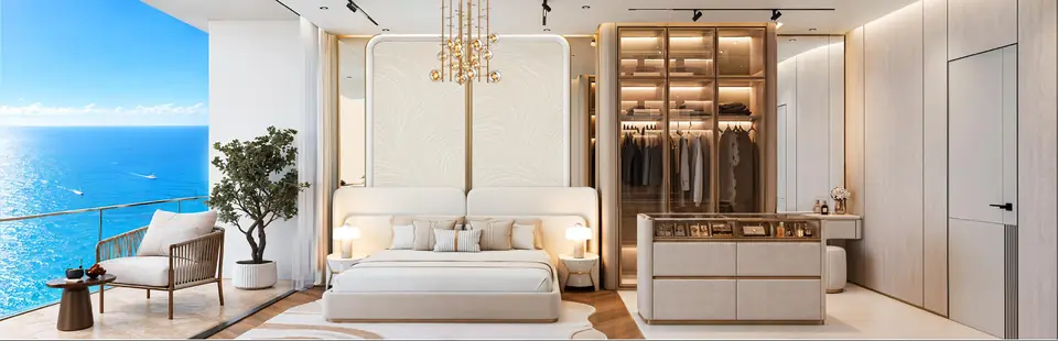 Bedroom with a sea-view balcony and a lit glass walk-in wardrobe