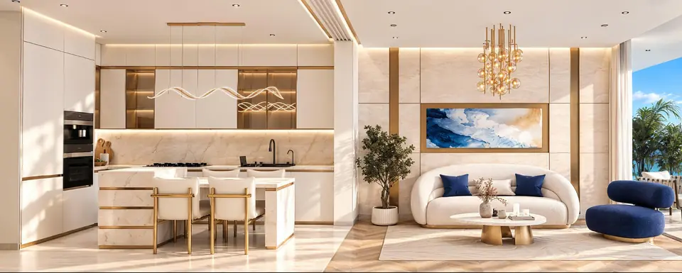 Open-plan kitchen and living room in the King’s Suite, with a sea-view balcony