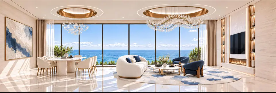 Living room with two crystal chandeliers and a wall of glass facing the sea