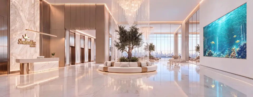 Double-height lobby with a crystal chandelier, an olive tree and a large aquarium wall
